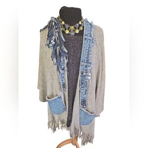 Upcycled Fringed Gray and Denim Patchwork Cape 1 Size Fits All